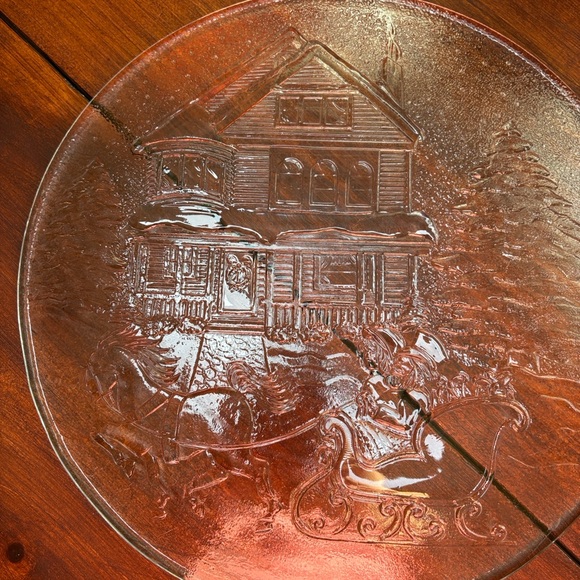 2504 Libbey Glass Vintage Serving Platter Christmas Winter Sleigh Ride Scene - Picture 4 of 6